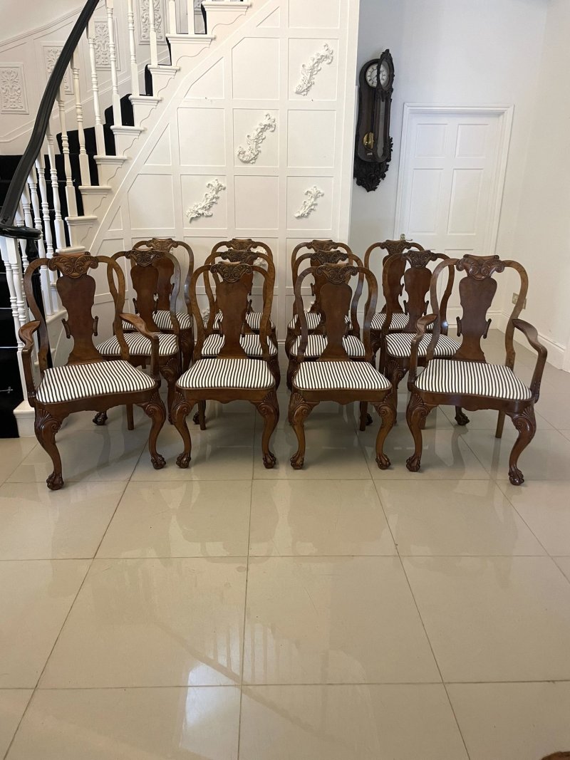 Outstanding Quality Set of 12 Antique Victorian Burr Walnut Dining Chairs